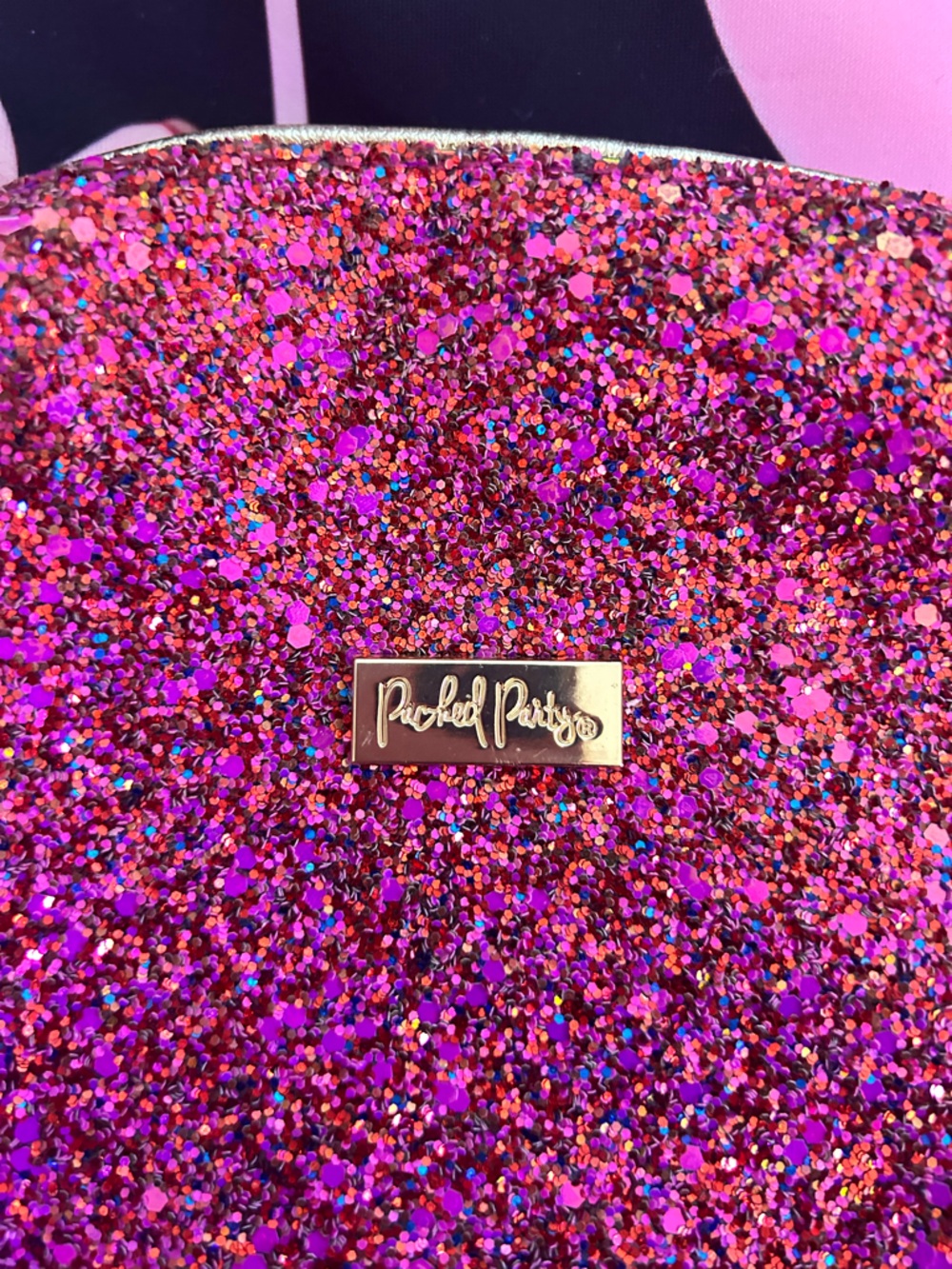 Rachel Parcell Pink Multi Glitter Cosmetic Pouch with Gold Logo - Picture 2 of 4